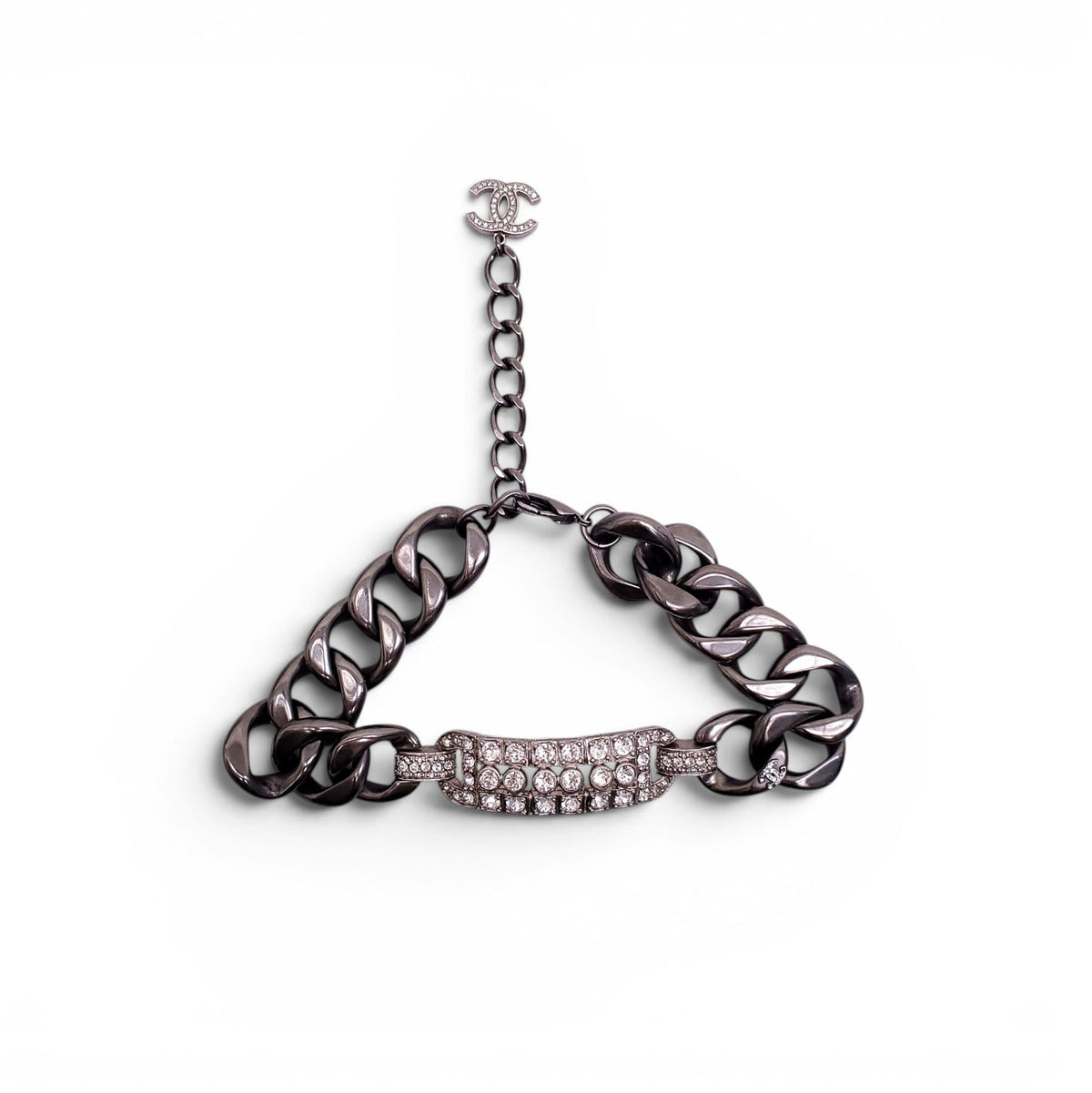 CHANEL SILVER CHAIN AND CRYSTAL CHOKER NECKLACE