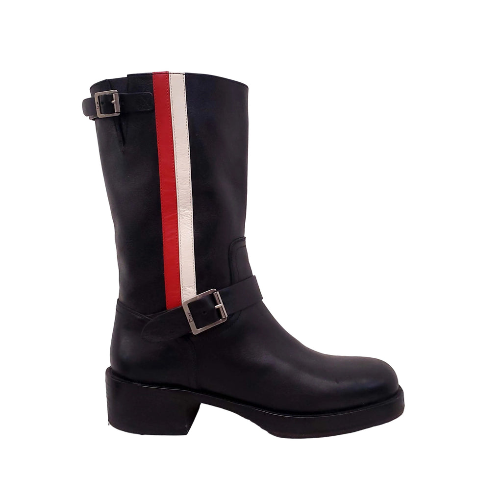 CHRISTIAN DIOR BLACK LEATHER 'DIORIDER' BIKER BOOTS WITH RED AND WHITE STRIPES - SIZE 38