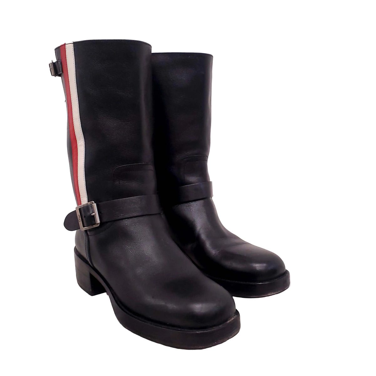 CHRISTIAN DIOR BLACK LEATHER 'DIORIDER' BIKER BOOTS WITH RED AND WHITE STRIPES - SIZE 38