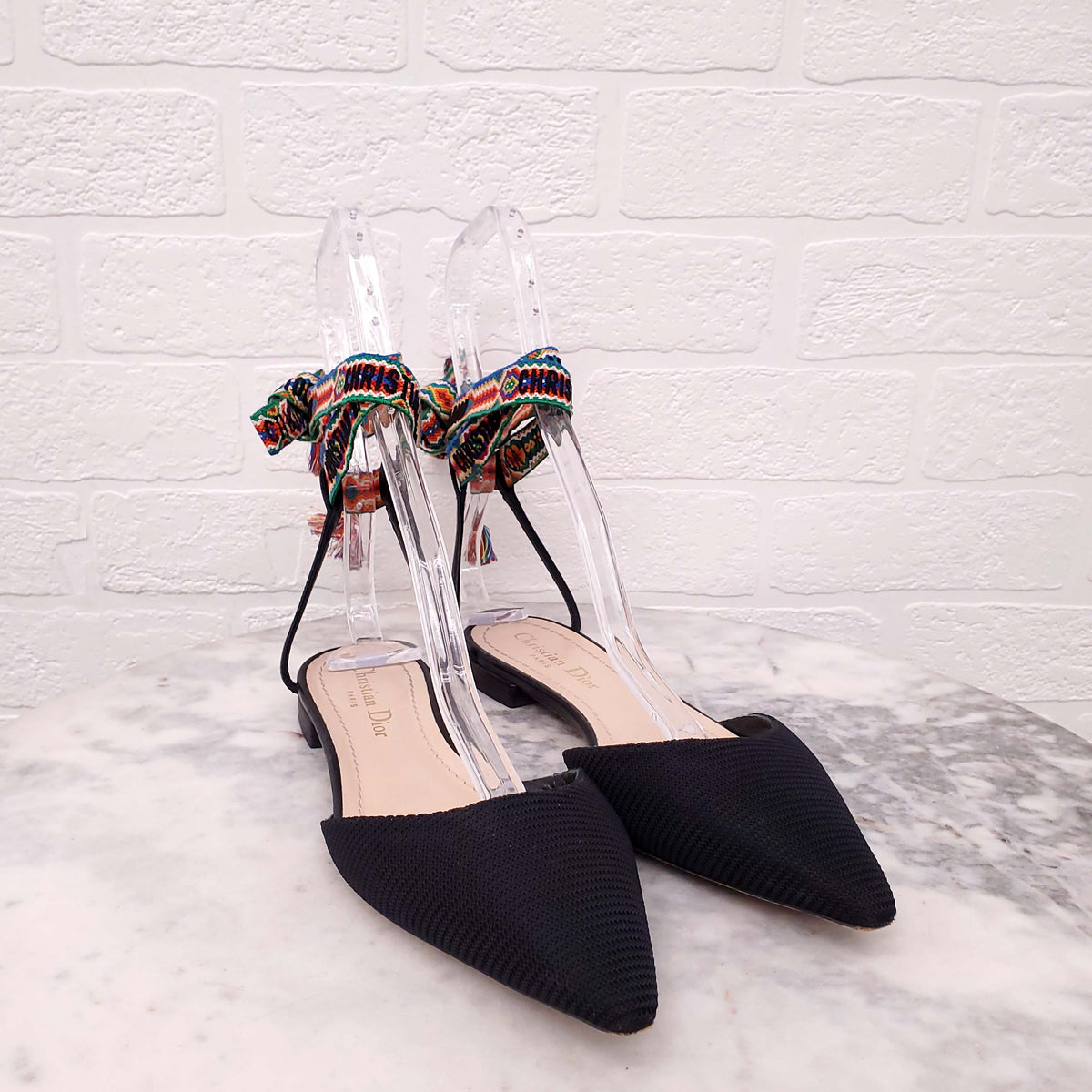 CHRISTIAN DIOR NAVY LOGO ANKLE WRAP FLATS - SIZE 36