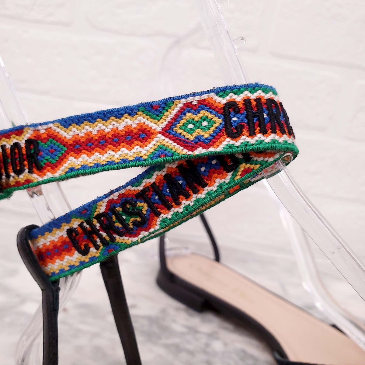 CHRISTIAN DIOR NAVY LOGO ANKLE WRAP FLATS - SIZE 36