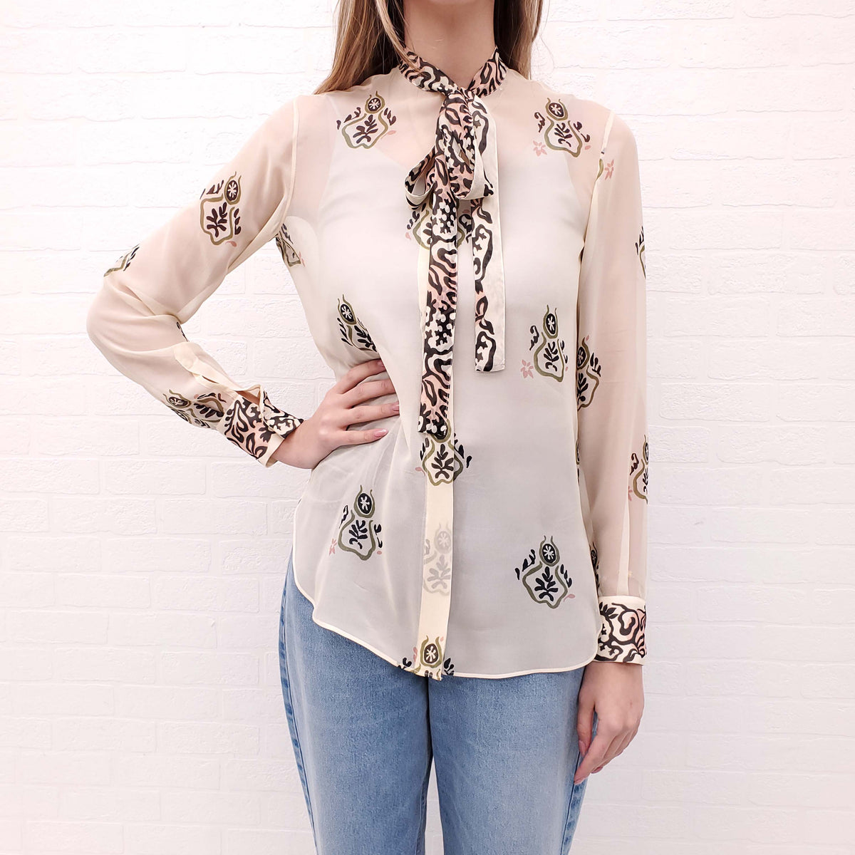 CHRISTIAN DIOR SILK EMBROIDERED BLOUSE WITH LOGO - SIZE 4