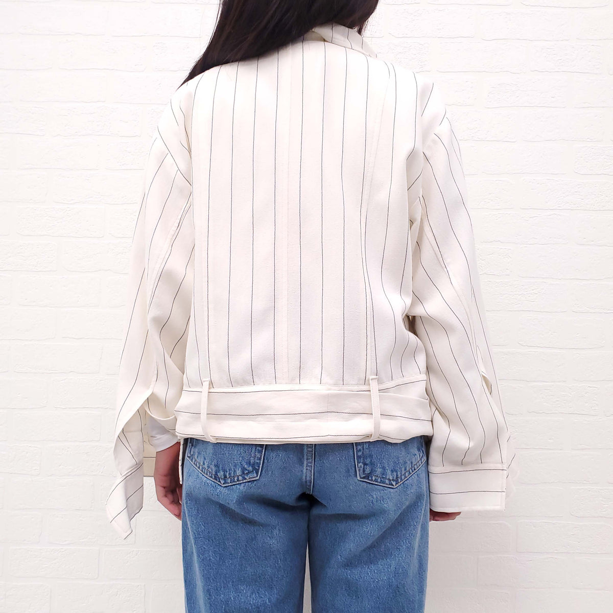 DANIEL GREGORY NATALE CREAM AND BLACK PIN STRIPE DOUBLE BREASTED FUNNEL NECK JACKET