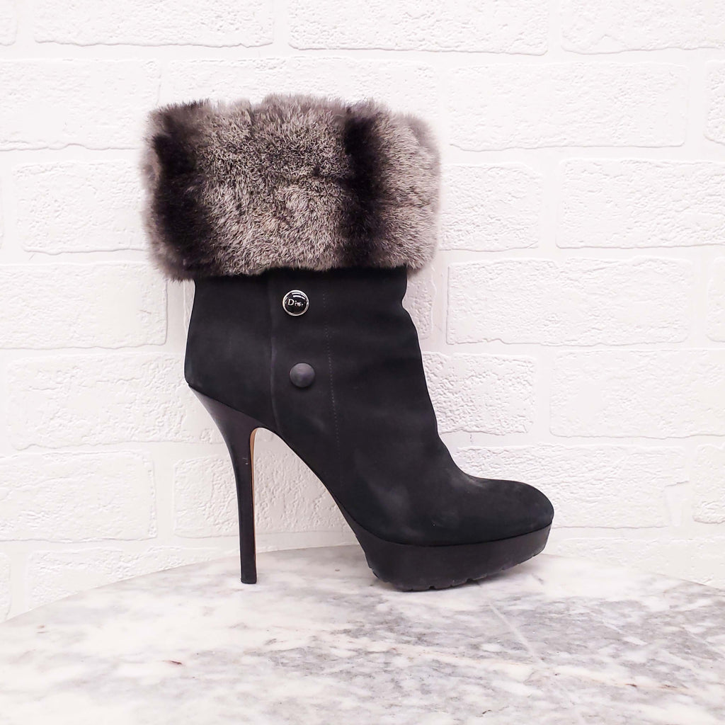 DIOR SUEDE BOOTIES WITH RABBIT FUR DETAIL - SIZE 37