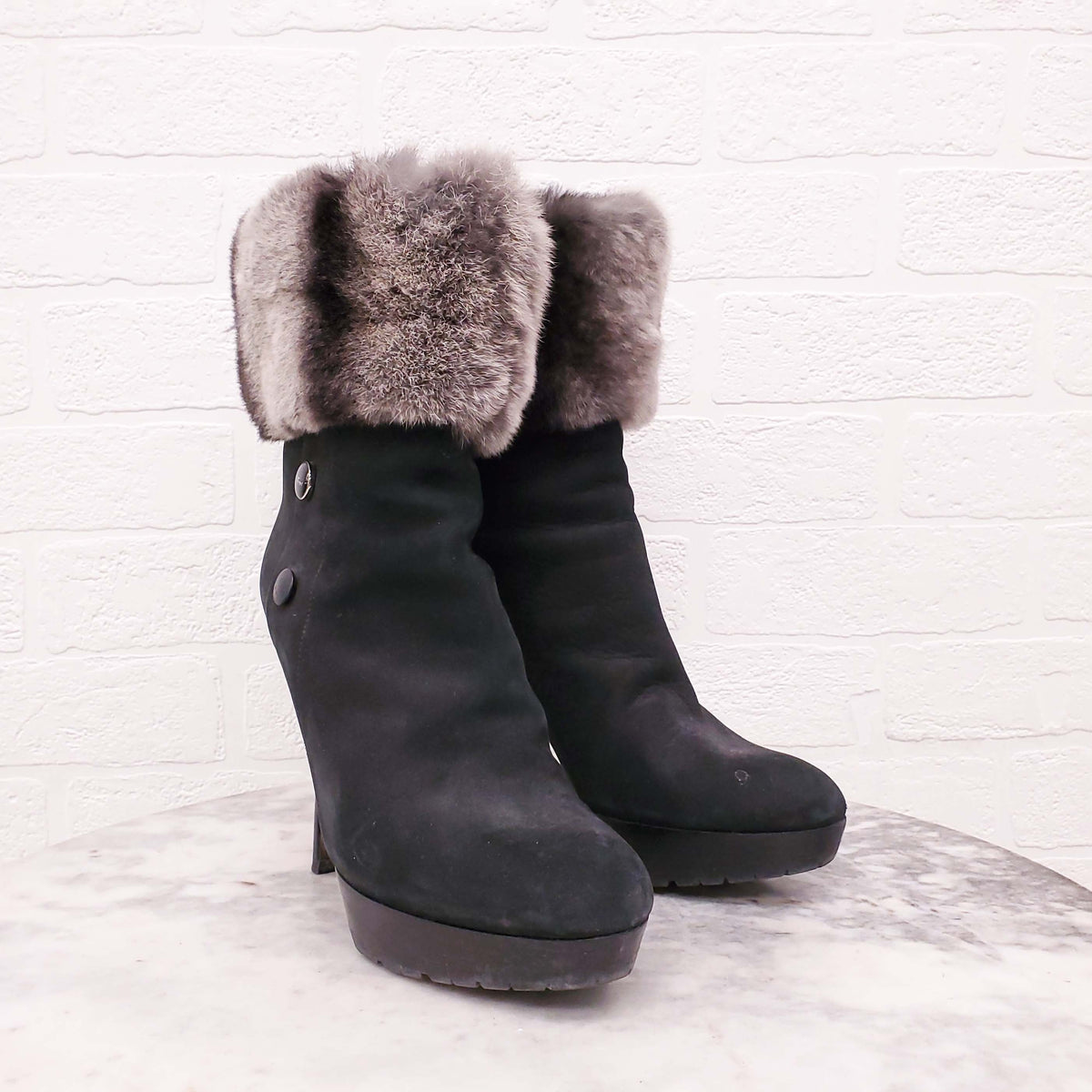 DIOR SUEDE BOOTIES WITH RABBIT FUR DETAIL - SIZE 37