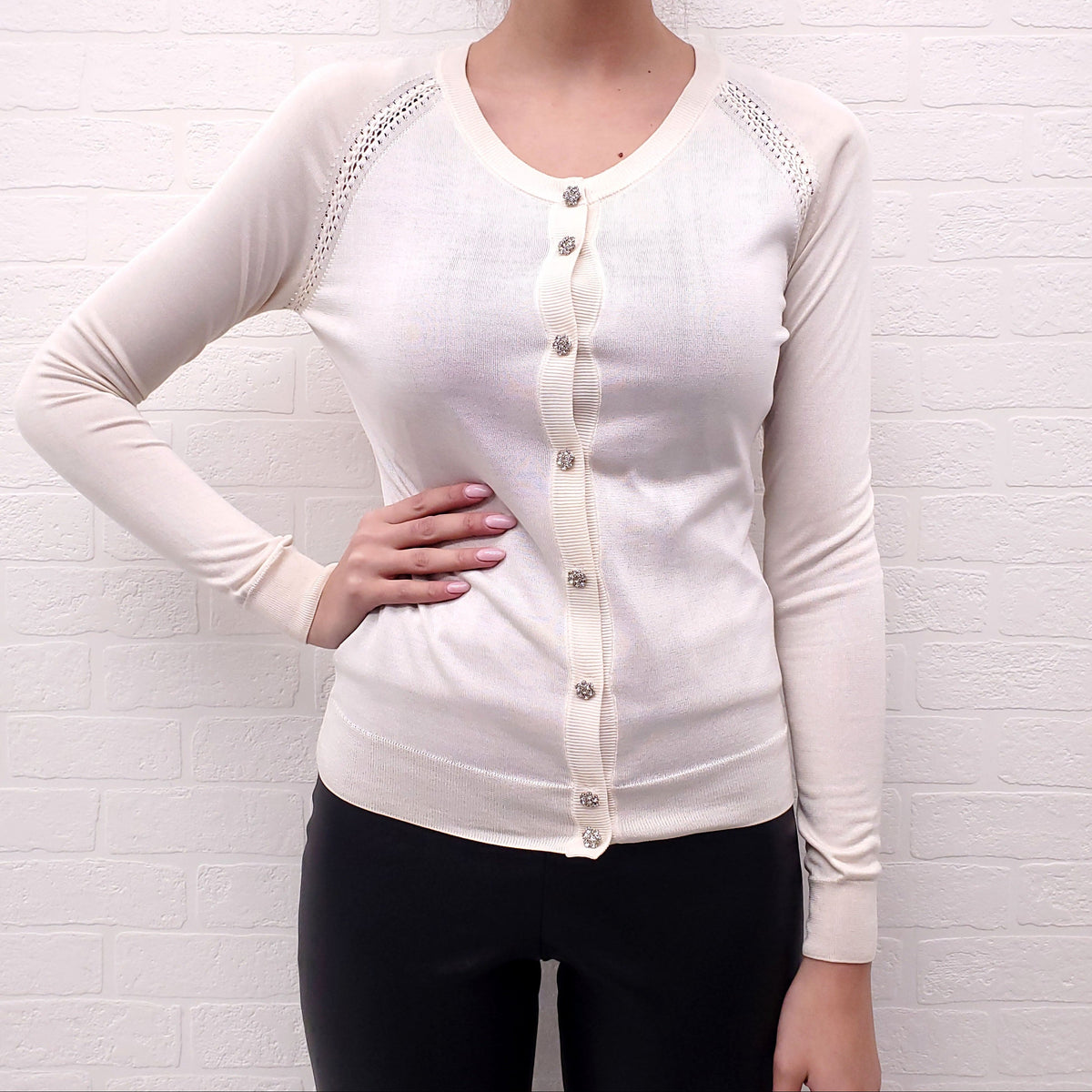 DOLCE & GABBANA CREAM CARDIGAN WITH SILVER CRYSTAL BUTTONS - SIZE 38