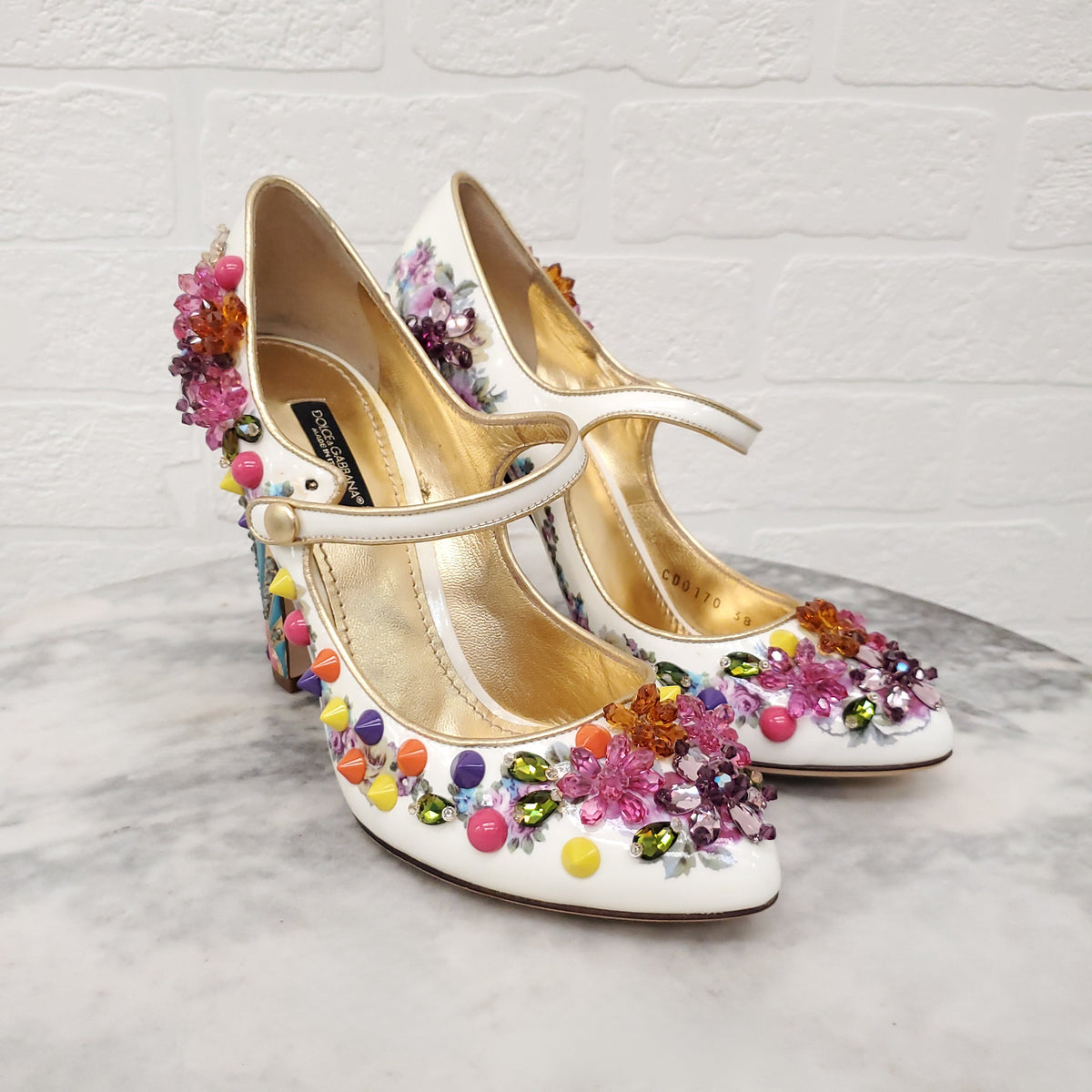 DOLCE & GABBANA FLORAL BEADED HEELS WITH STUDS - SIZE 38