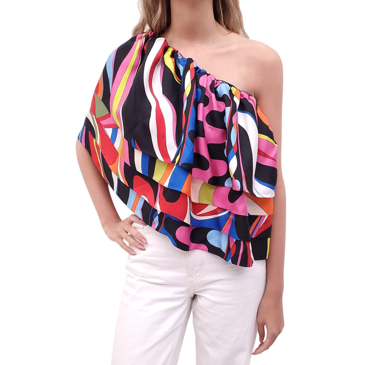 EMILIO PUCCI BLACK AND MULTICOLOURED ONE-SLEEVE RUFFLE TOP - SIZE 40