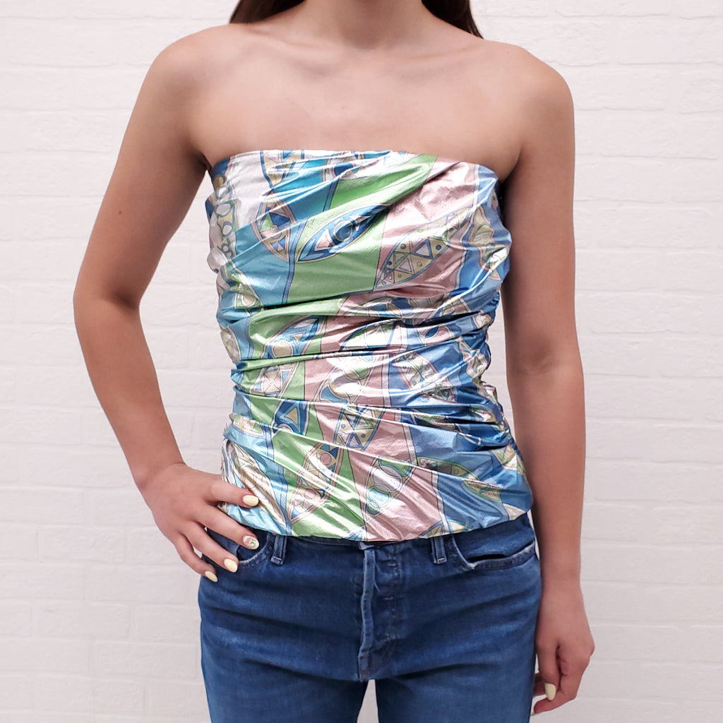 EMILIO PUCCI METALLIC BLUE, GREEN AND PINK PATTERNED BUSTIER TOP - SIZE 40