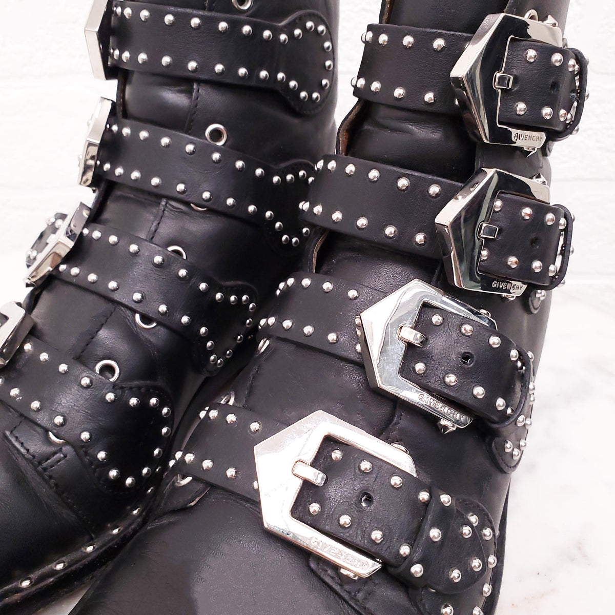 GIVENCHY BLACK STUDDED BUCKLE BOOTS - SIZE 35.5