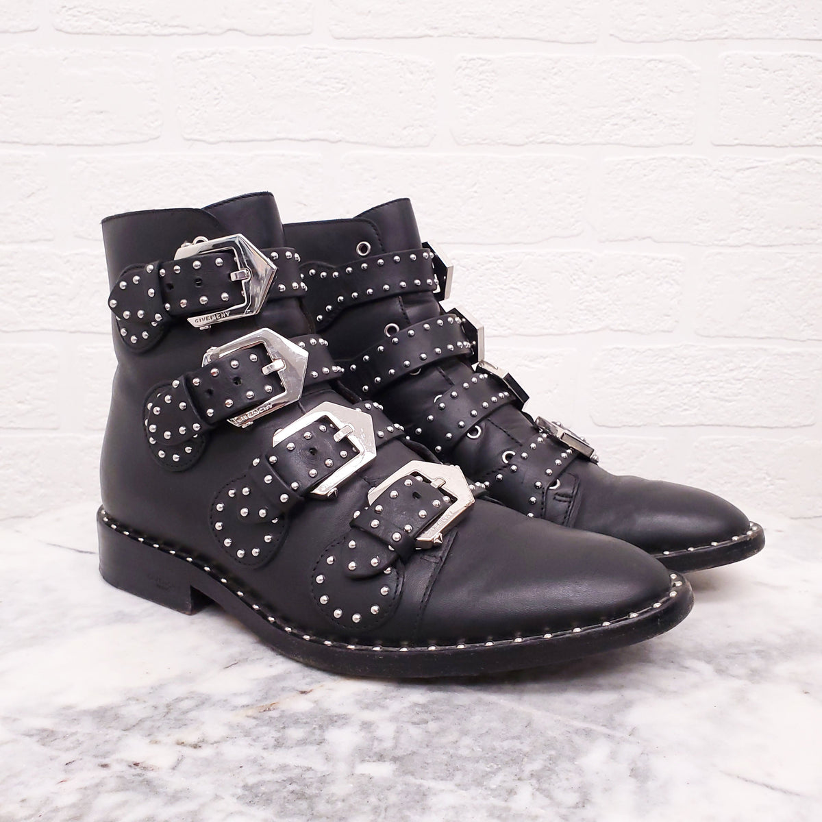 GIVENCHY BLACK STUDDED BUCKLE BOOTS - SIZE 35.5