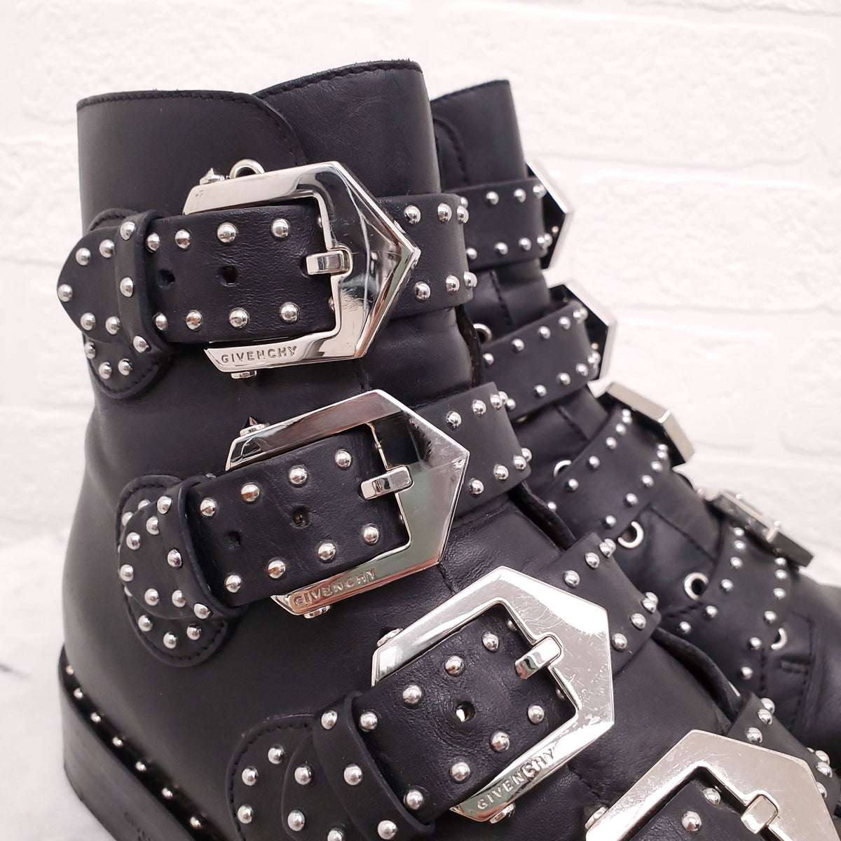 GIVENCHY BLACK STUDDED BUCKLE BOOTS - SIZE 35.5