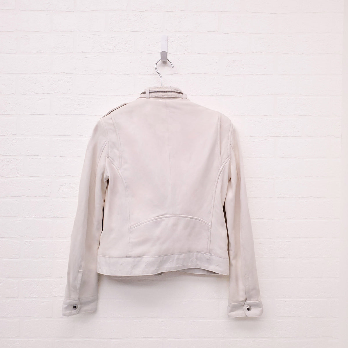 IRO CREAM LEATHER AND DENIM DISTRESSED MOTORCYCLE JACKET - SIZE 38