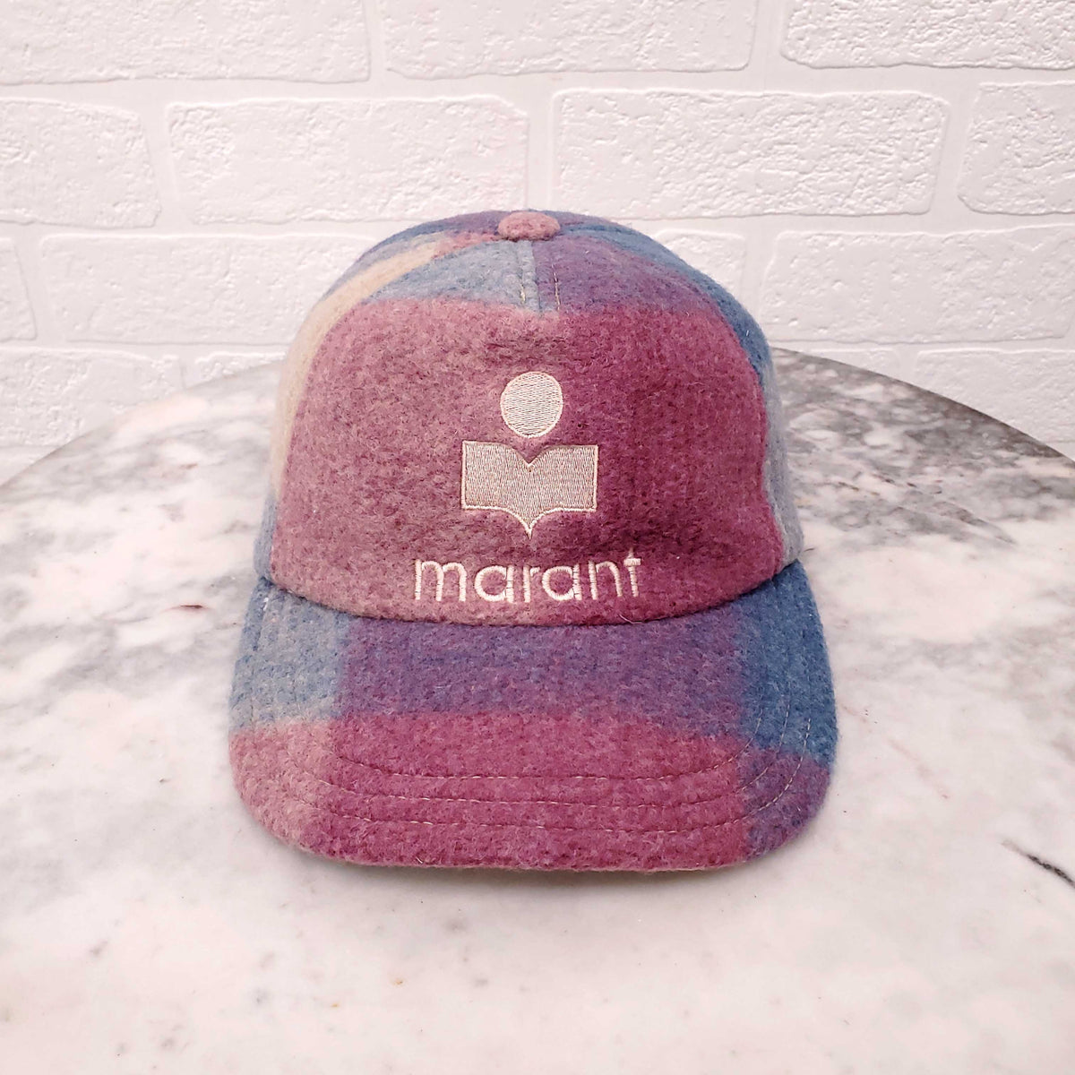 ISABEL MARANT PURPLE AND BLUE PLAID WOOL ADJUSTABLE BASEBALL HAT WITH LOGO