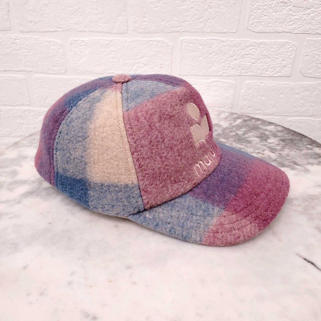 ISABEL MARANT PURPLE AND BLUE PLAID WOOL ADJUSTABLE BASEBALL HAT WITH LOGO