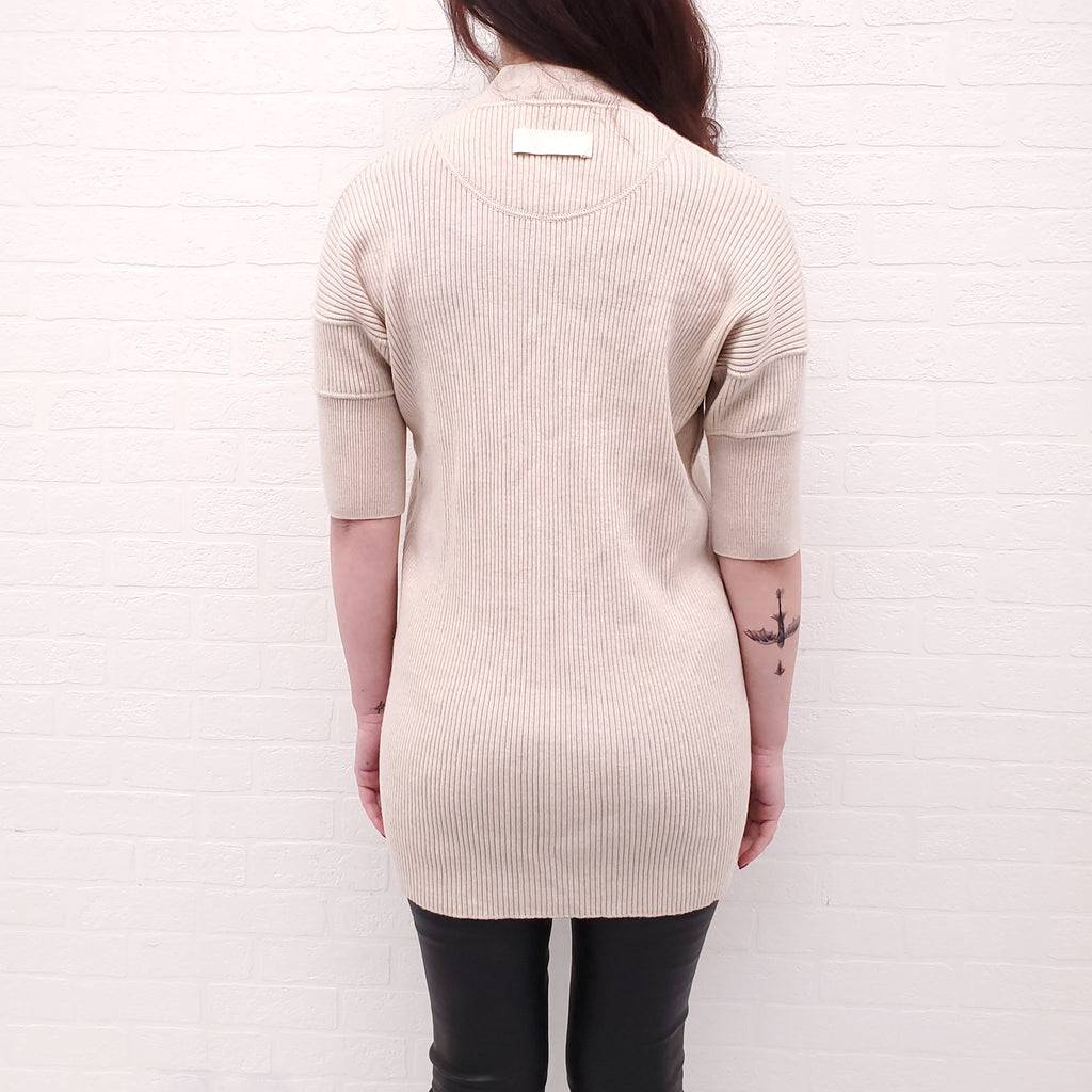 JIL SANDER OVERSIZED CREAM RIBBED SHORT SLEEVE SWEATER - SIZE 34