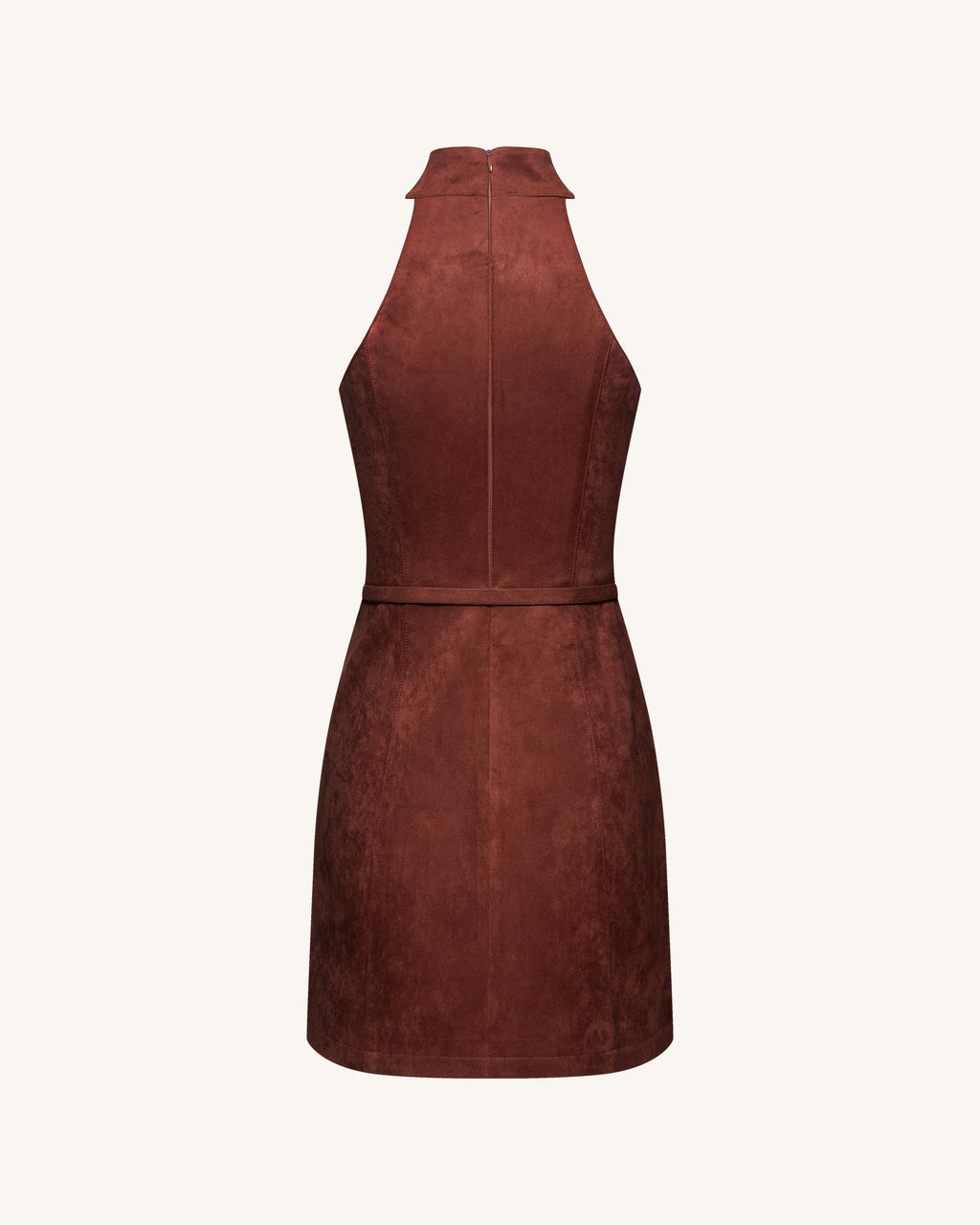Faux Suede Halter Neck Zip-Front Mini Dress - Burgundy
