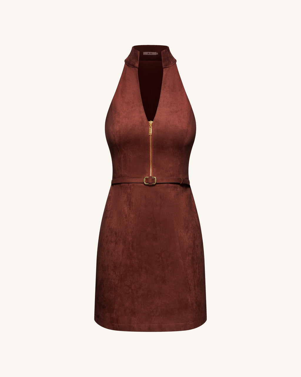 Faux Suede Halter Neck Zip-Front Mini Dress - Burgundy