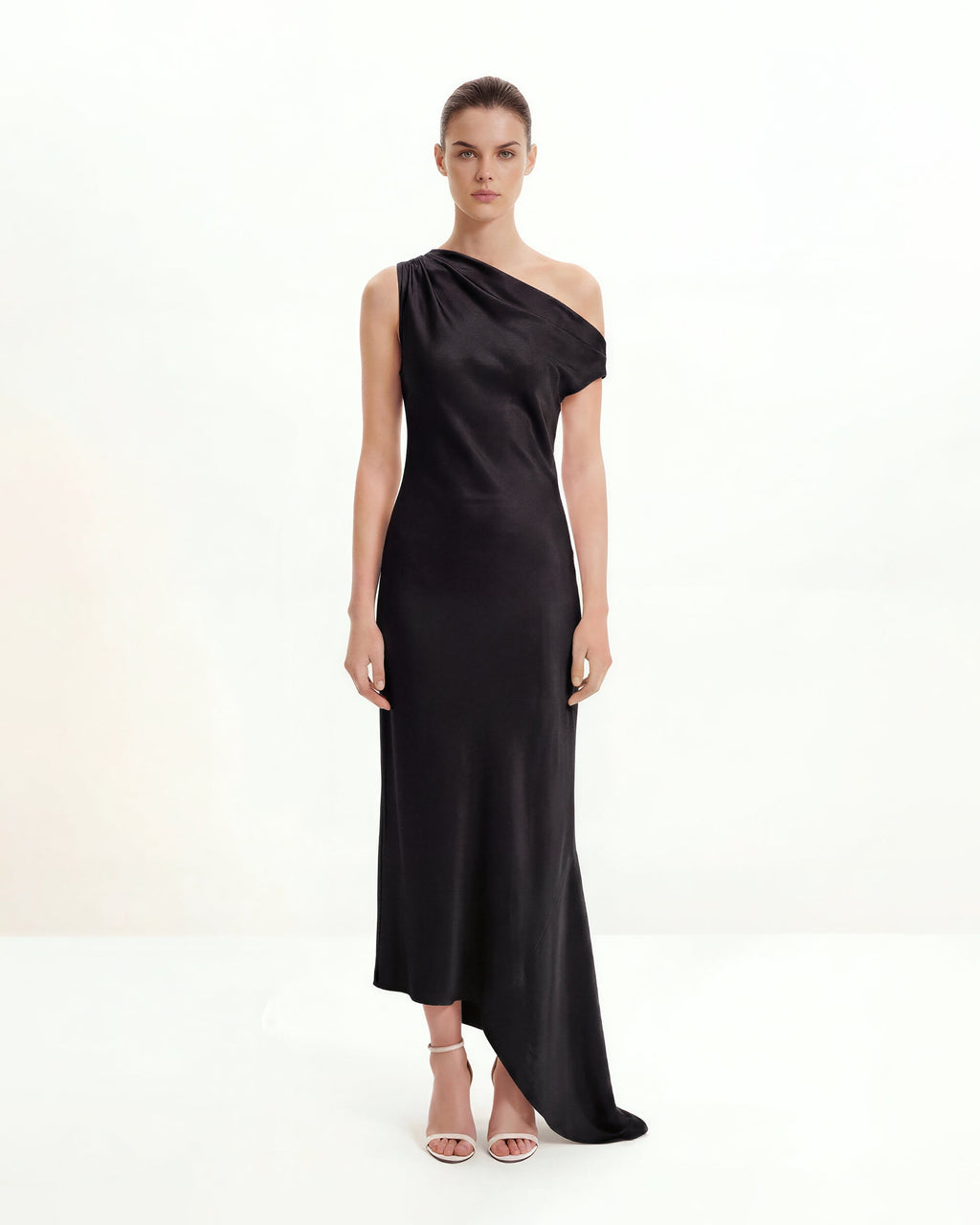 Satin Draped One-Shoulder Asymmetric Dress - Black