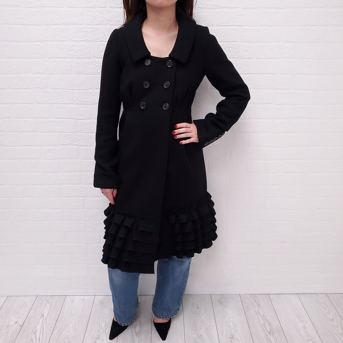 LOUIS VUITTON BLACK WOOL JACKET WITH RUFFLE - SIZE 36