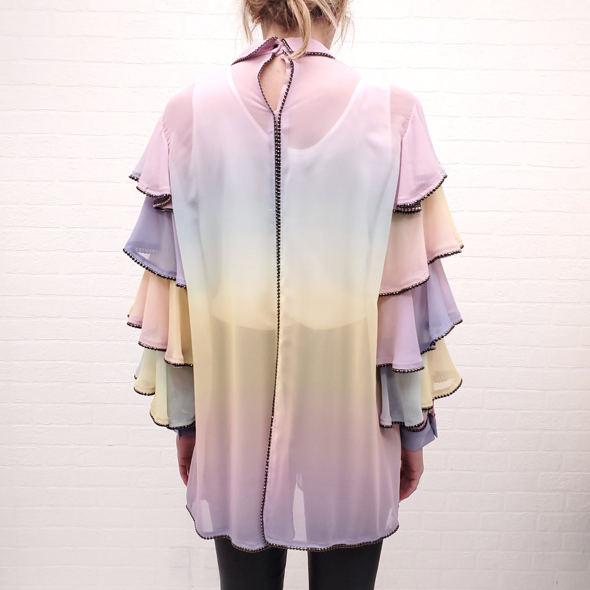 MARCO DE VINCENZO RAINBOW RUFFLE CRYSTAL TUNIC BLOUSE - SIZE L