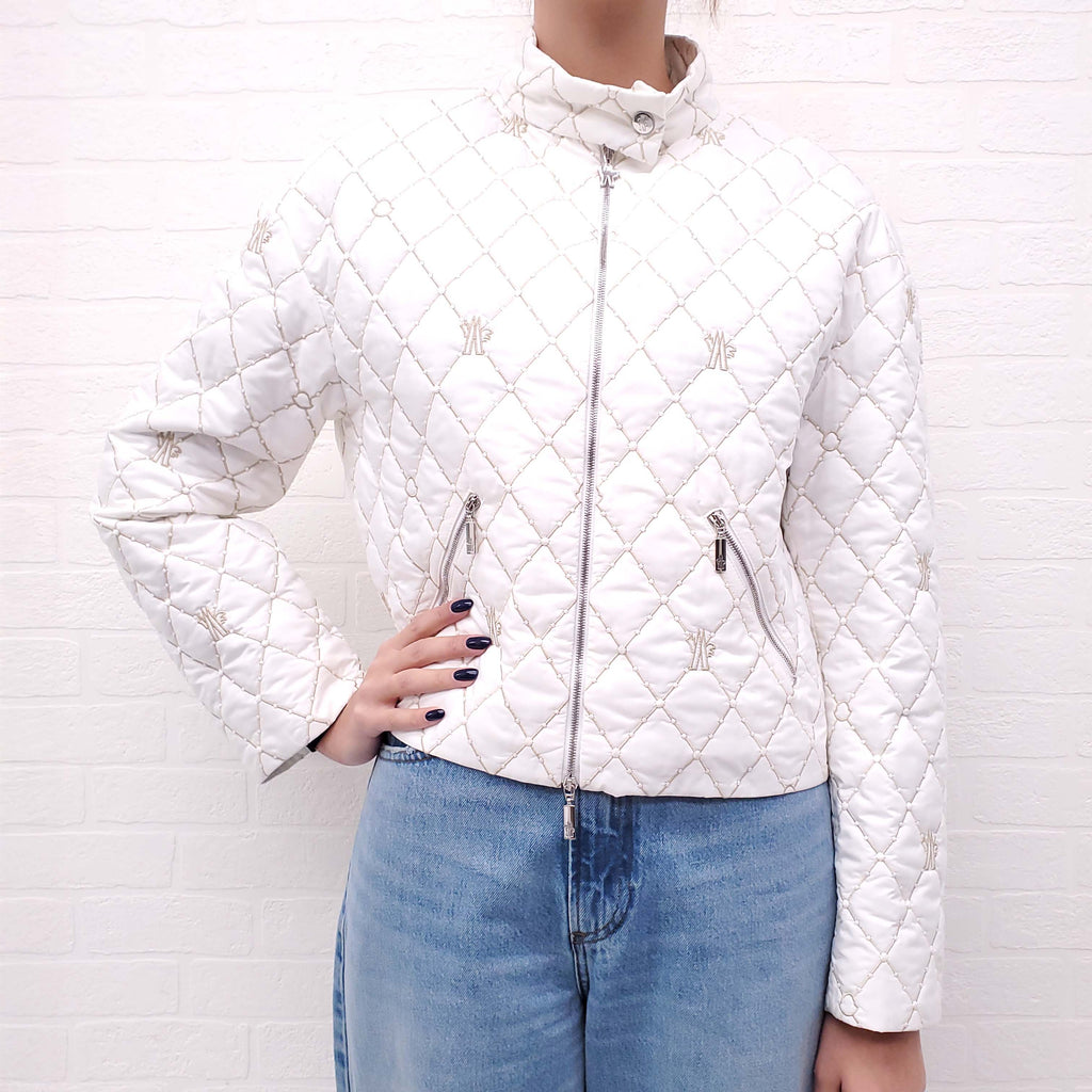 MONCLER GAMME ROUGE WHITE QUILTED LOGO BOMBER JACKET - SIZE 2/M