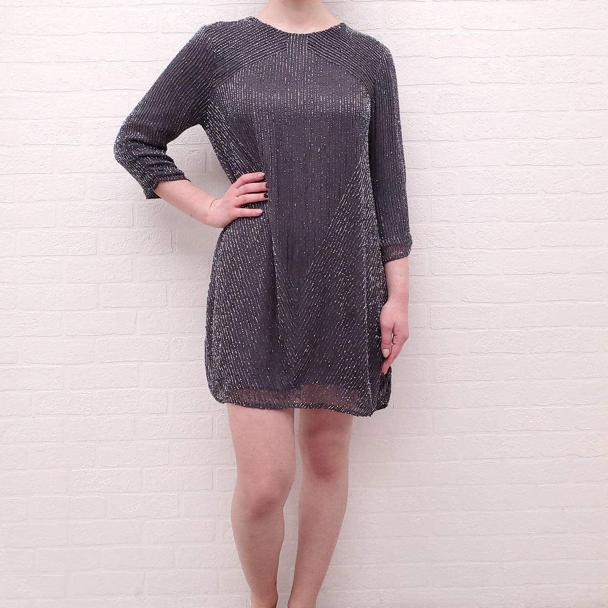NEEDLE & THREAD PARKER GREY SEQUIN DRESS - SIZE L
