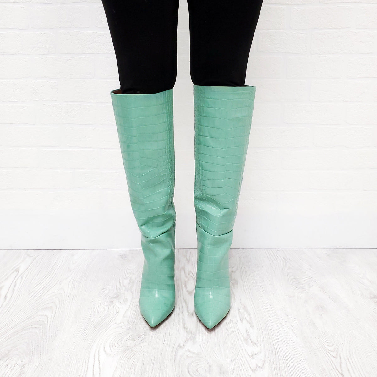 PARIS TEXAS MINT CROCODILE PRINT LEATHER BOOTS - SIZE 37.5