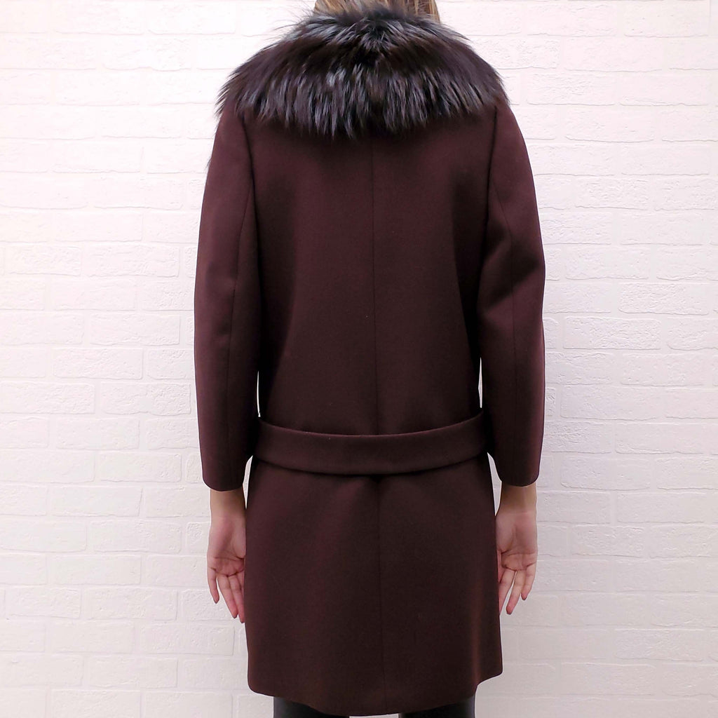 PRADA BURGUNDY COAT WITH FOX FUR COLLAR - SIZE 42