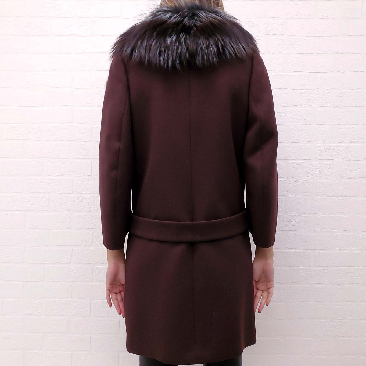 PRADA BURGUNDY COAT WITH FOX FUR COLLAR - SIZE 42