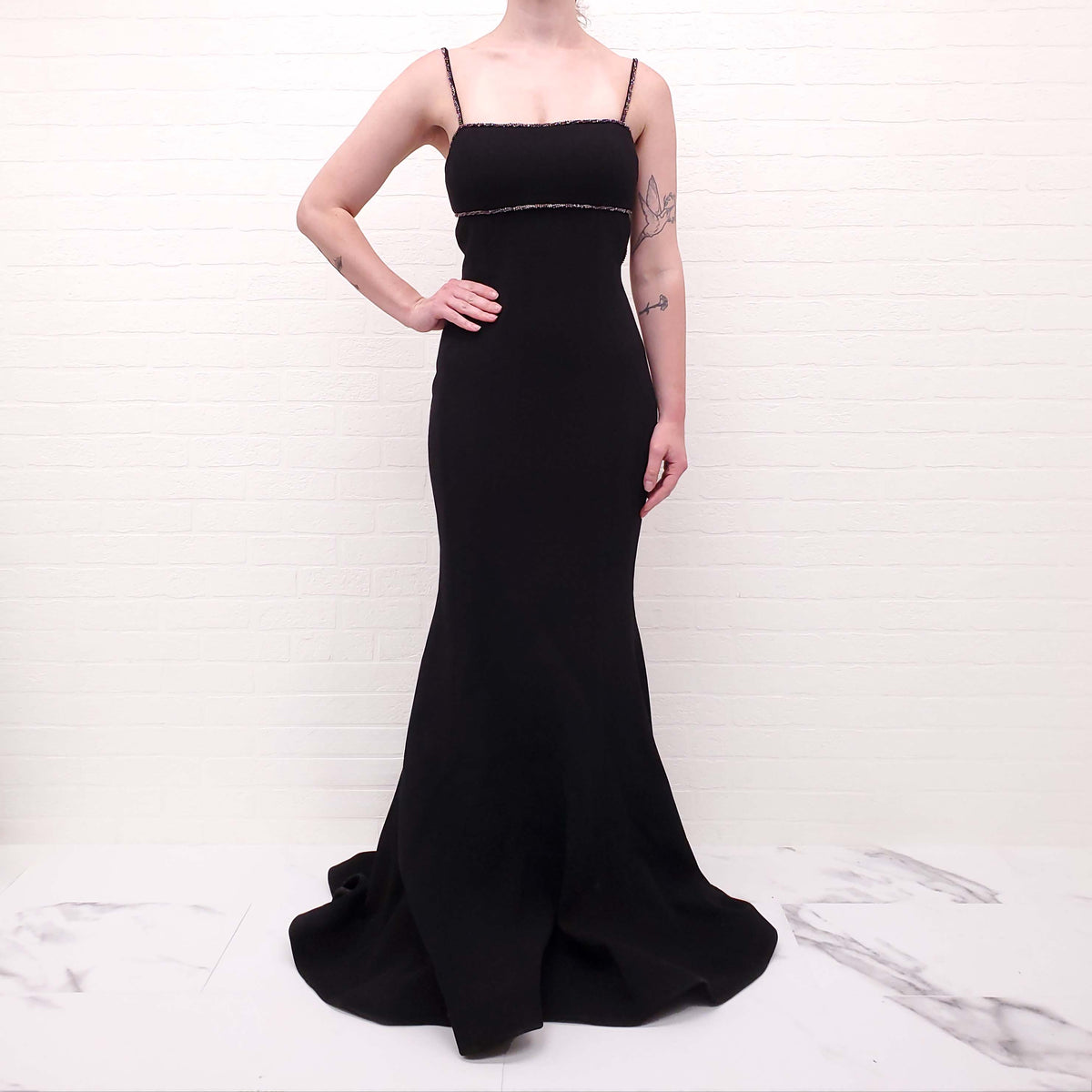 REBECCA VALLANCE BLACK GOWN WITH BEADING - SIZE 6 AU/2 US