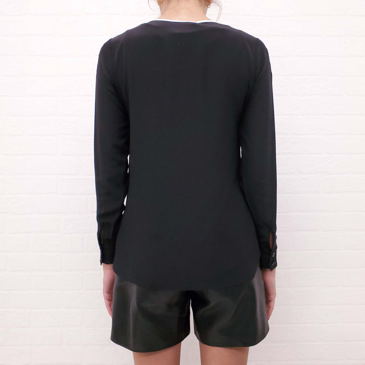 SAINT LAURENT BLACK AND CREAM SILK RUFFLE BLOUSE - SIZE 38