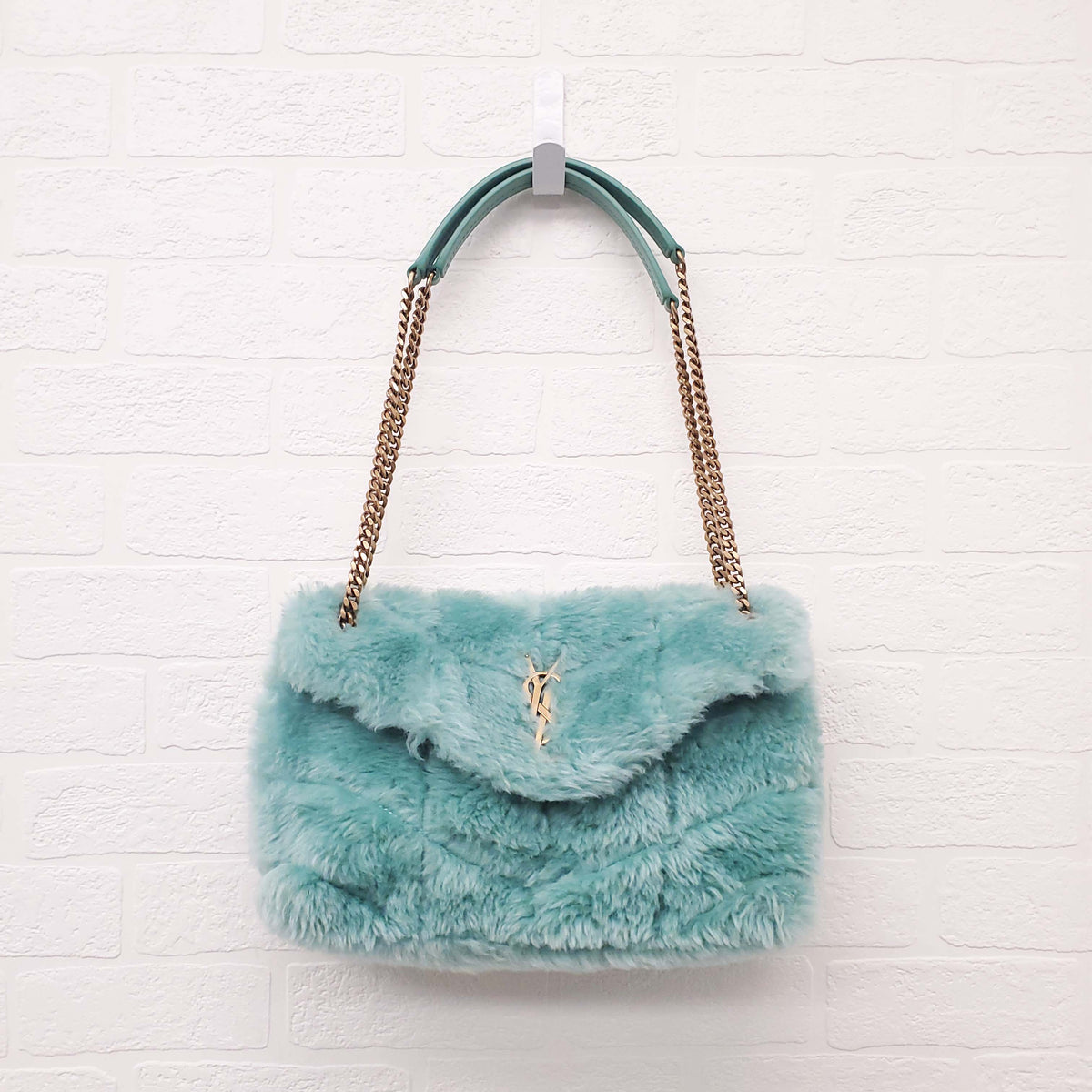 SAINT LAURENT SHEARLING MINT PUFFER BAG