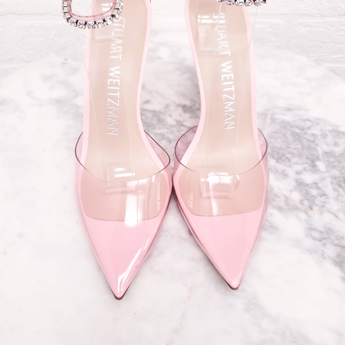 STUART WEITZMAN PINK PVC CRYSTAL 'GLAM 100' HEELS - SIZE 6.5B