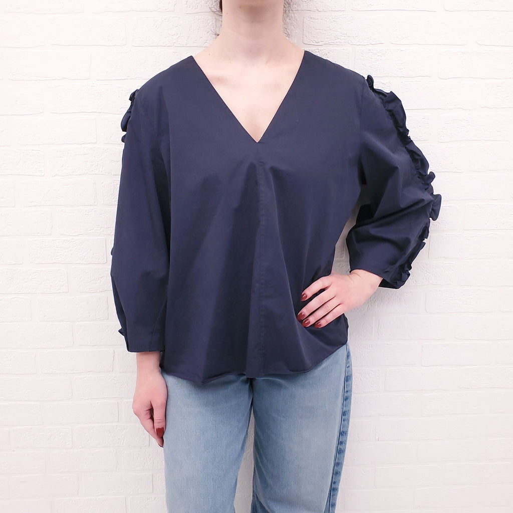 TIBI BLUE RUFFLE BLOUSE - SIZE M
