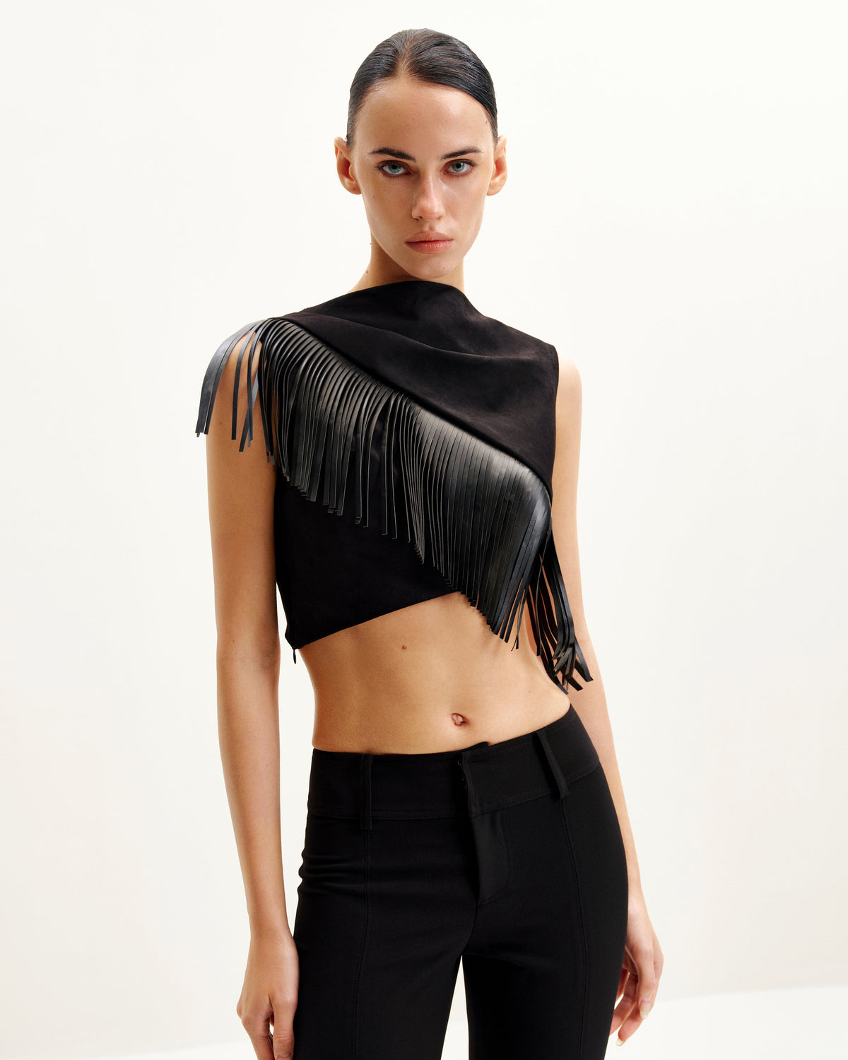 Ariana Asymmetric Fringe Sueded Top - Black