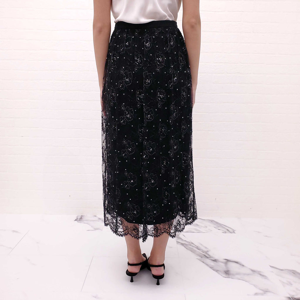 VALENTINO BLACK EMBELLISHED TULLE SEQUIN AND RHINESTONE MIDI SKIRT - SIZE 38
