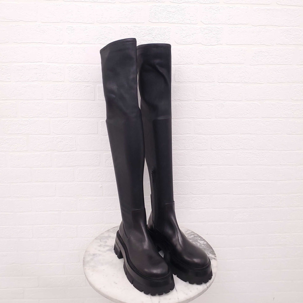 VERSACE BLACK LEATHER PLATFORM KNEE HIGH BOOTS - SIZE 40