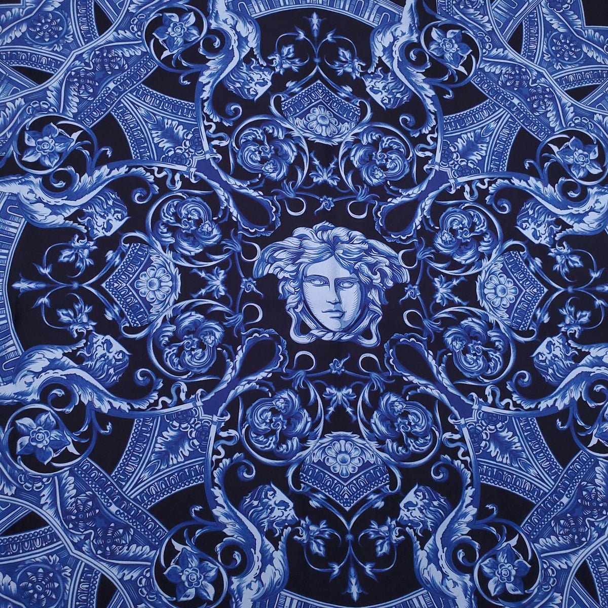 VERSACE NAVY MEDUSA PATTERNED SILK SCARF
