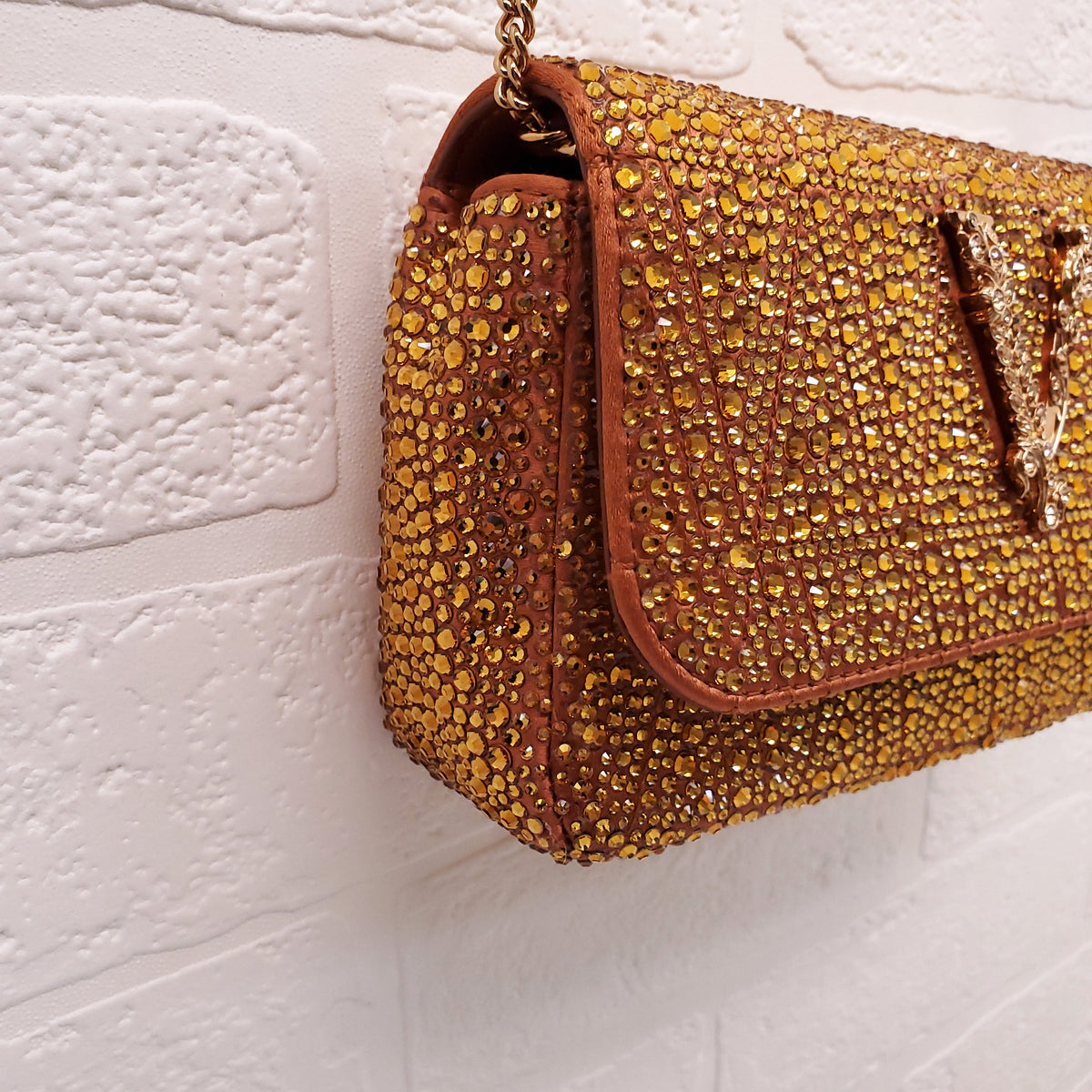 VERSACE ORANGE MINI VIRTUS CRYSTAL PAVÉ EVENING BAG