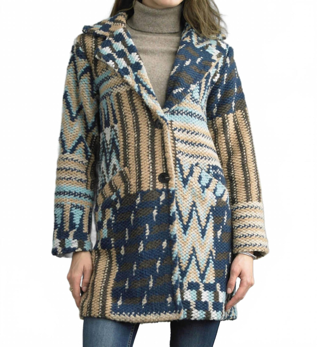 Tweed Long Boucle Coat In Blue Multi
