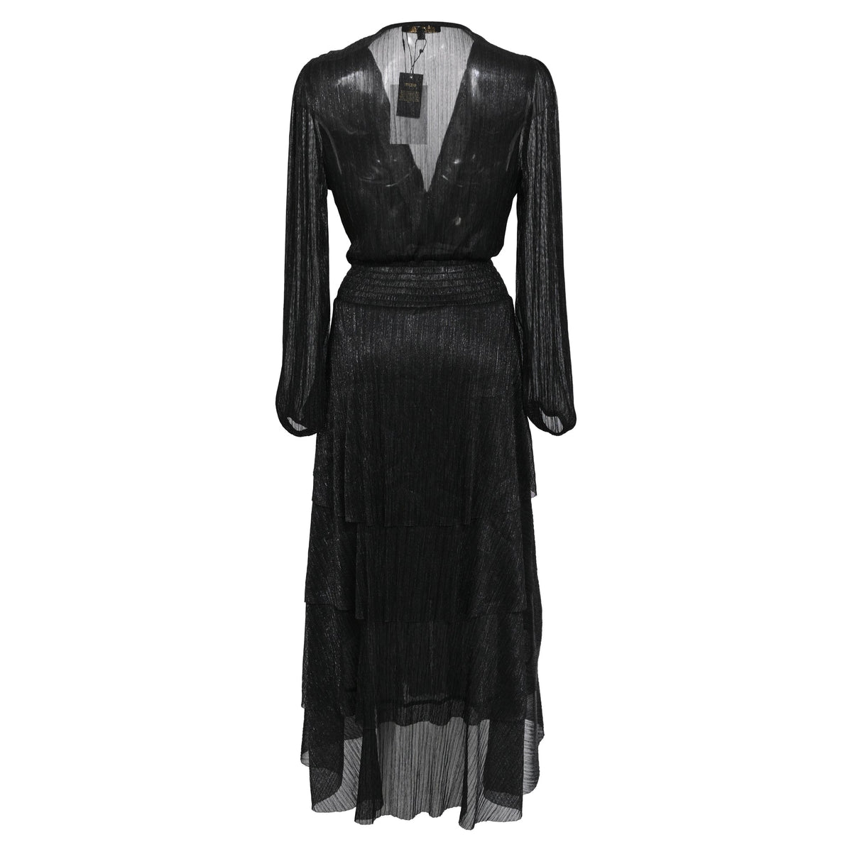 Maje Tiered Metallic Knitted Midi Dress in Black Polyester