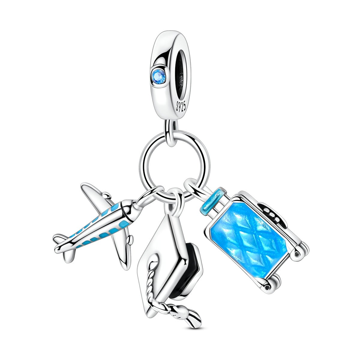 Airplane, Graduation Cap & Suitcase Travel Dangle Charm