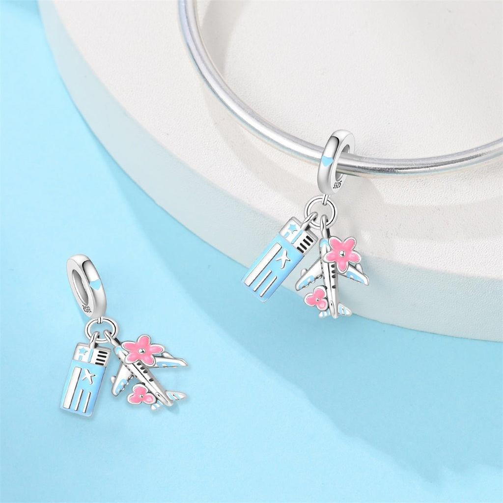 Airplane with Ticket & Flowers Dangle Charm