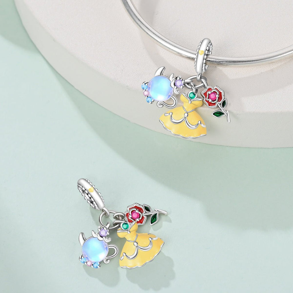 Belle with Yellow Dress, Rose, & Teapot Dangle Charm