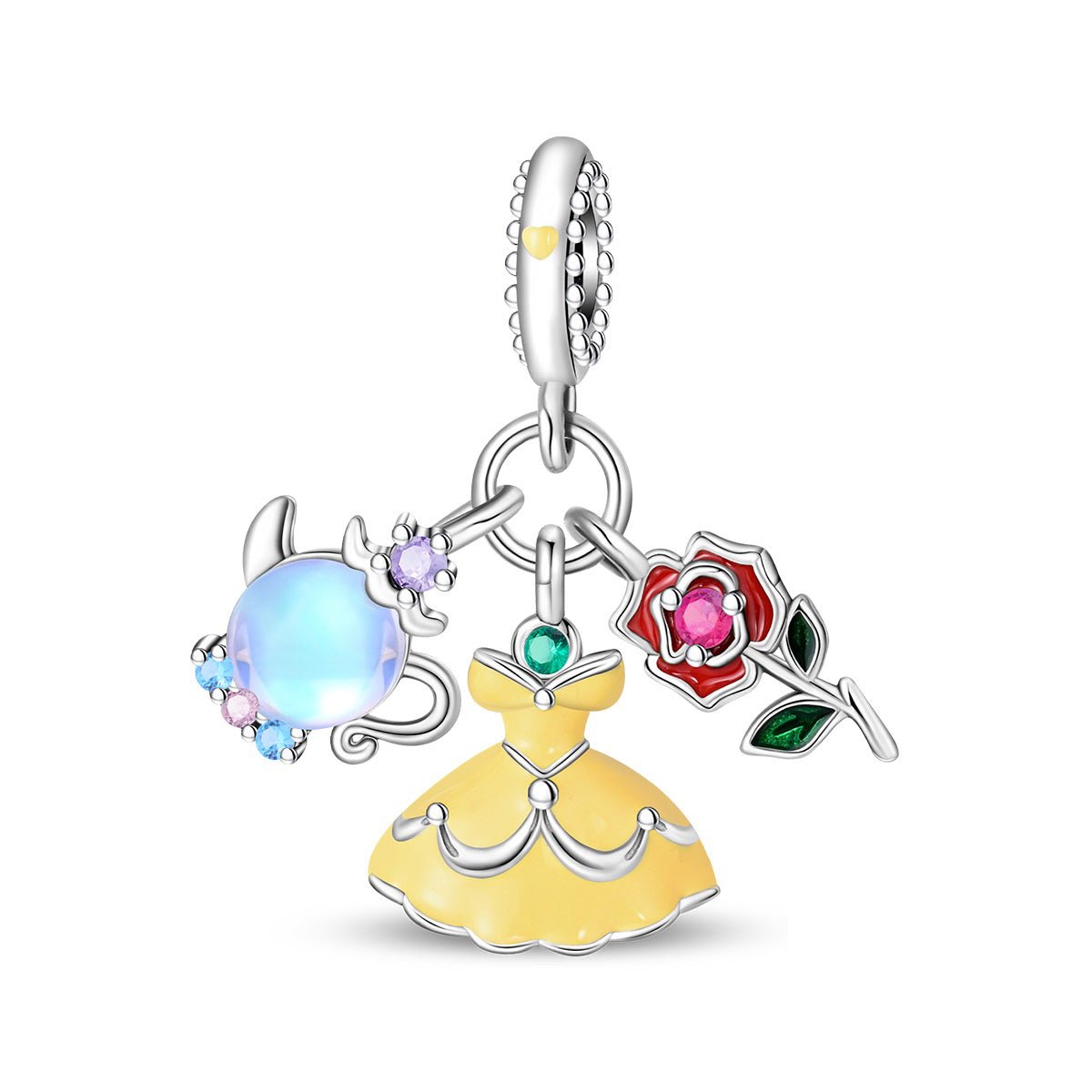 Belle with Yellow Dress, Rose, & Teapot Dangle Charm