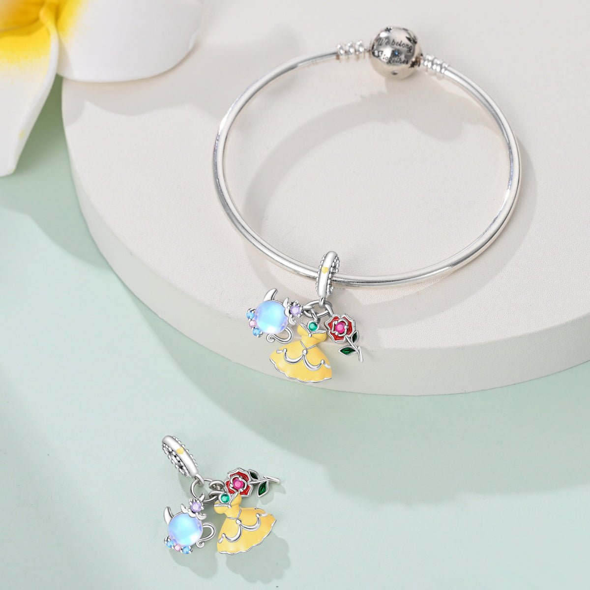 Belle with Yellow Dress, Rose, & Teapot Dangle Charm