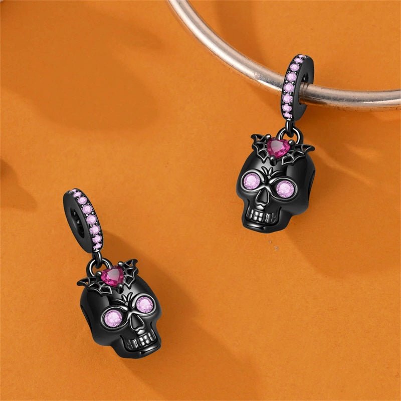 Black Skull with Pink Crystals Dangle Charm