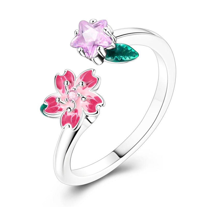 Blooming Pink Flower and Star Crystal Adjustable Ring