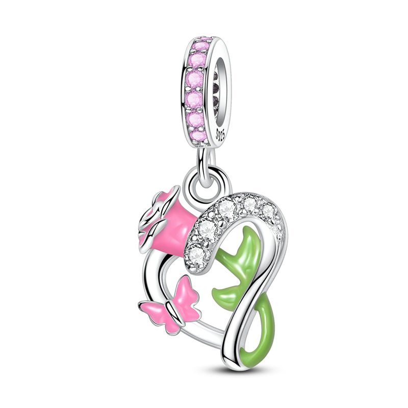 Blooming Rose & Butterfly Heart Dangle Charm